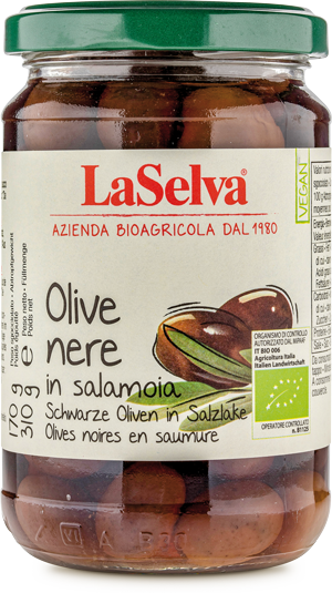 Schwarze Oliven in Salzlake